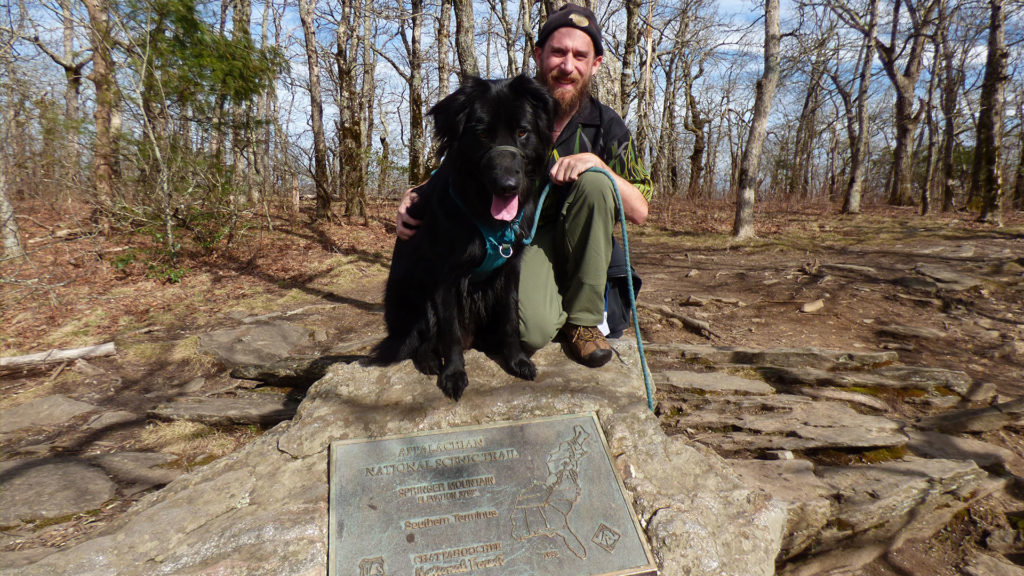 Indie dog and myself at the Southern Terminus of the Appalachian Trail; Spring Mountain