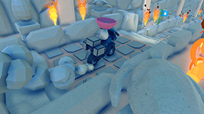 An adventure motorcycles with a bowl carrying an egg through an ancient temple lined with fires.